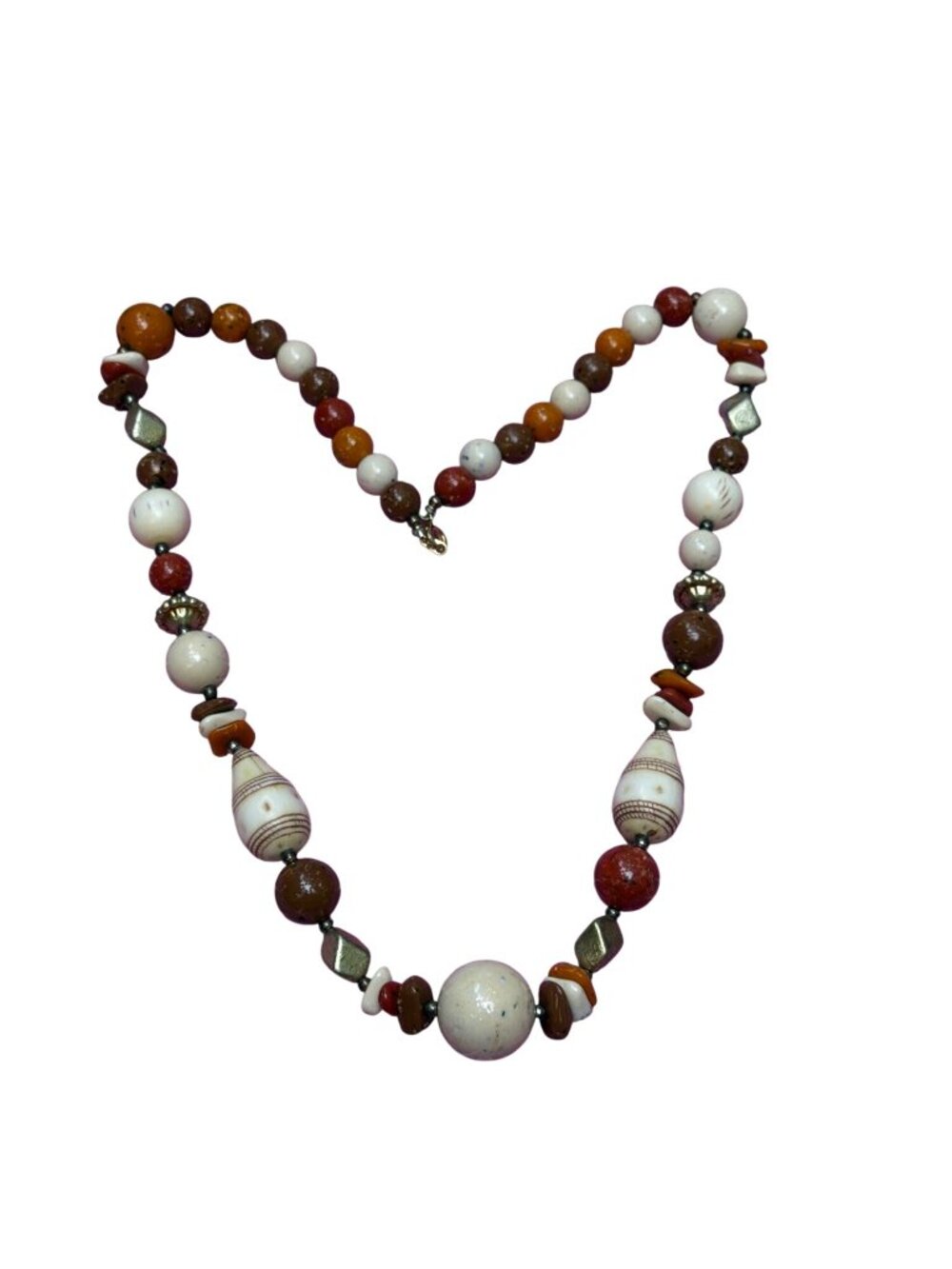 Vintage Acrylic Bead Necklace Orange Gold Tone Cream Brown Red 21" Estate